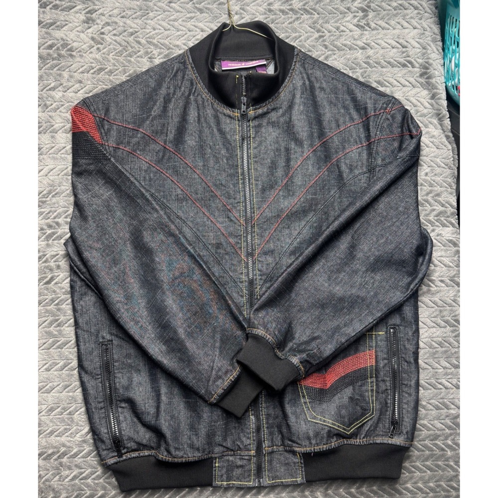 Rocawear Mens Dark Denim Bomber Jacket Red‎ Chevron Stitching Full Zip XL (1511)